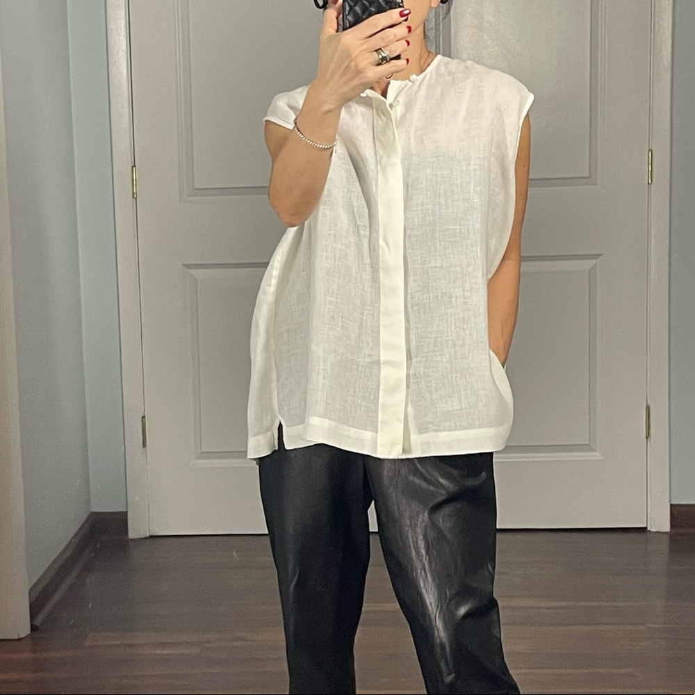 Eskandar 100% Linen Off White Sleeveless Button Down Shirt size 1